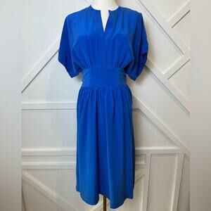 Vintage Neiman Marcus 100% Silk V-Neck Dolman Sleeve Tie Waist Midi Dress Size 8